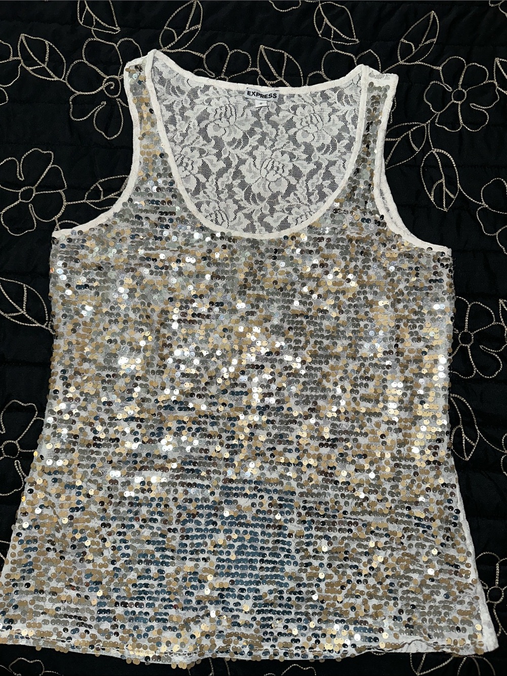 Express White Lace Tank with Gold & Silver Sequins